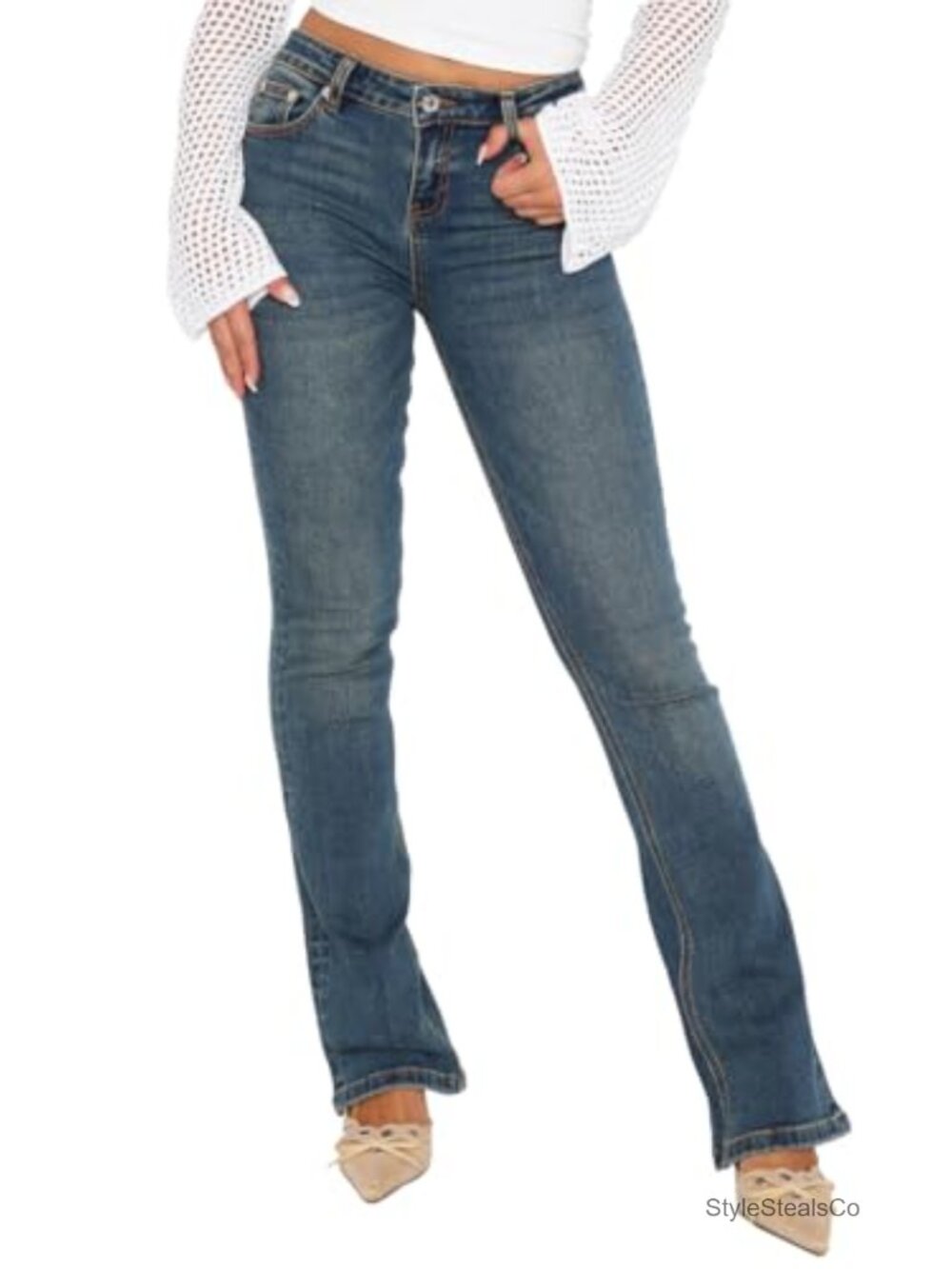 Women's Stretch Low Rise Double Button Elastic Skinny Vintage Flare Jeans